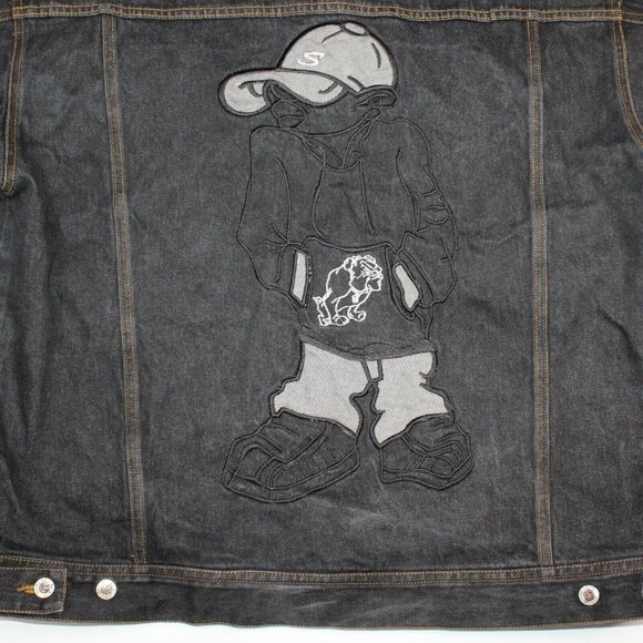 HUNCHO USA XL Black Denim Hip Hop Streetwear Prison Yard Embroidered Jean Jacket - Picture 6 of 12